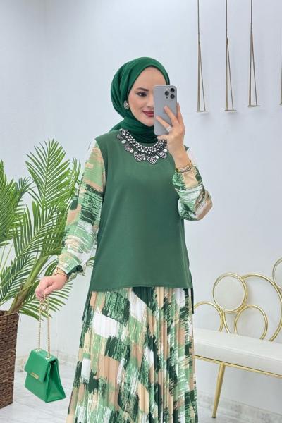 Zümrüt Fırça Desen Takım Tesettür Giyim Zümrüt