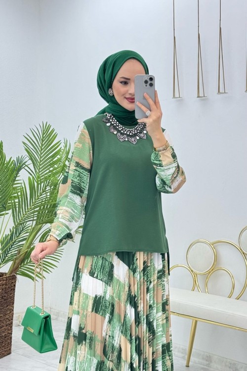Zümrüt Fırça Desen Takım Tesettür Giyim Zümrüt