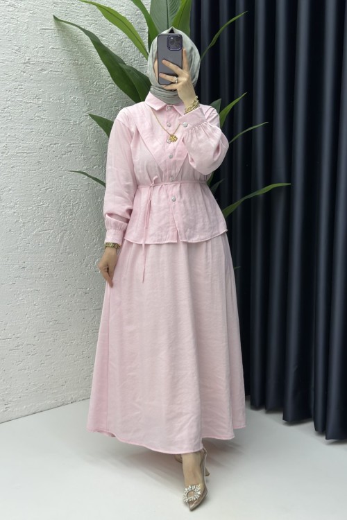 Alya Etekli Tesettür Takım Pudra