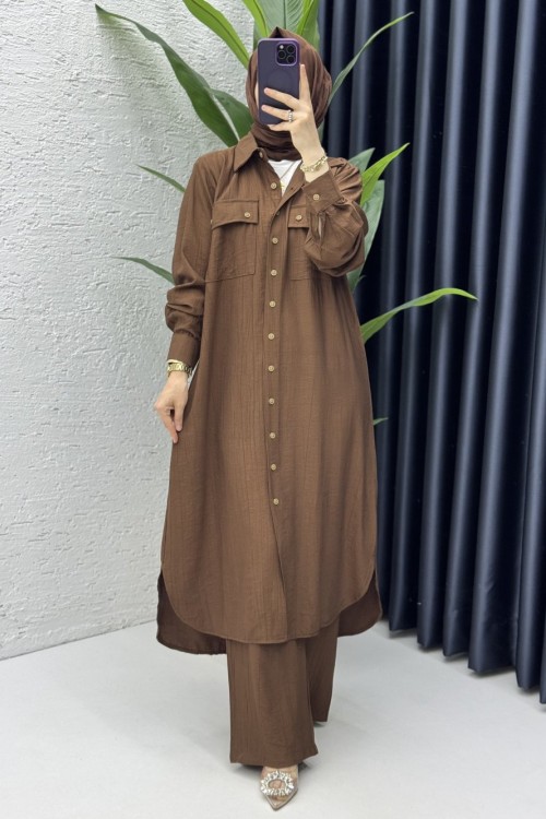 Amine Takım Tesettür Giyim Kahverengi