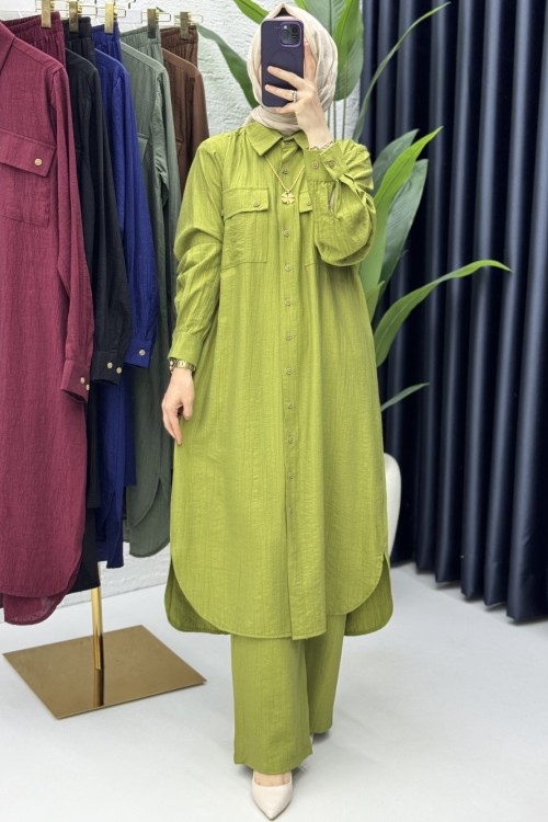 Amine Takım Tesettür Giyim Yağ Yeşili