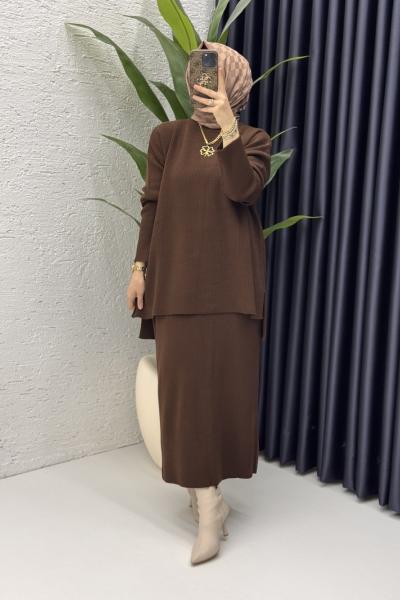Asel Etekli Takım Tesettür Giyim Kahverengi