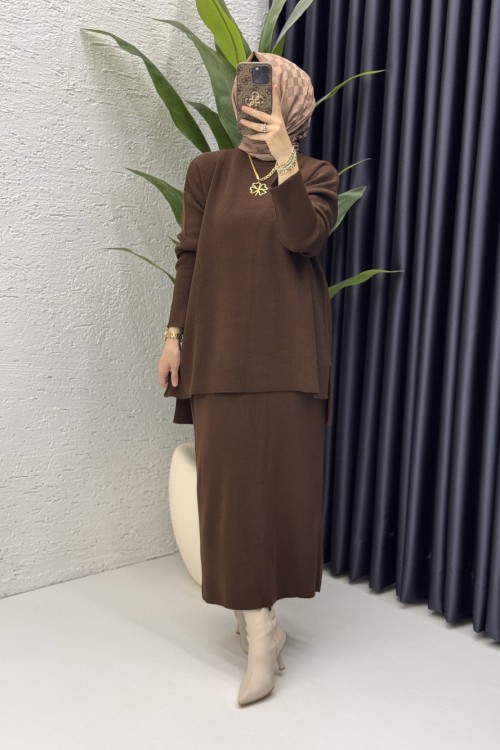 Asel Etekli Takım Tesettür Giyim  Kahverengi