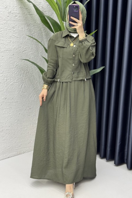 Başak Etekli Takım Tesettür Giyim Haki