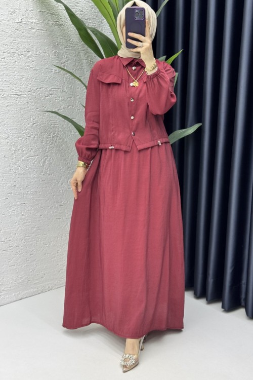 Başak Etekli Takım Tesettür Giyim Bordo