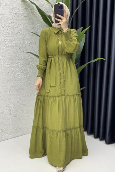Büşra Elbise Tesettür Giyim Yağ Yeşili