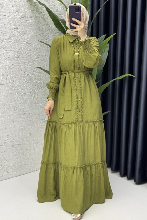 Büşra Elbise Tesettür Giyim Yağ Yeşili