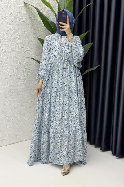 Çiçek Elbise Tesettür Giyim Mavi