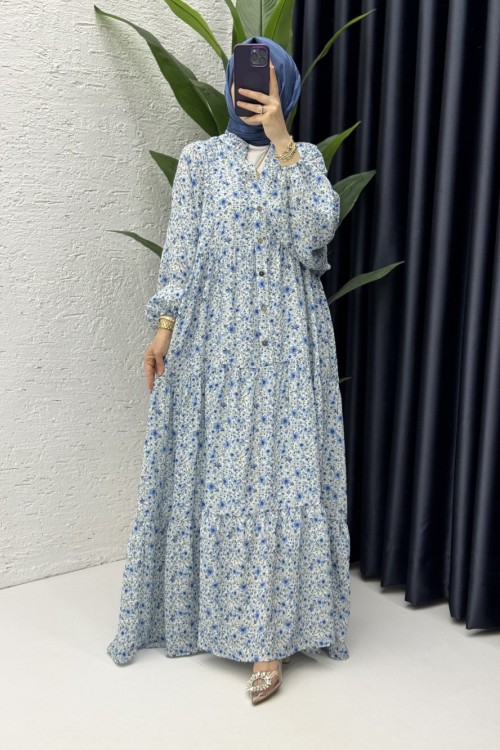 Çiçek Elbise Tesettür Giyim Mavi