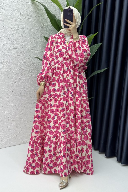 Çiçek Elbise Tesettür Giyim Pembe