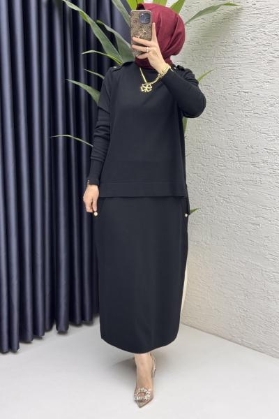 Dilan Etekli Takım Tesettür Giyim Siyah