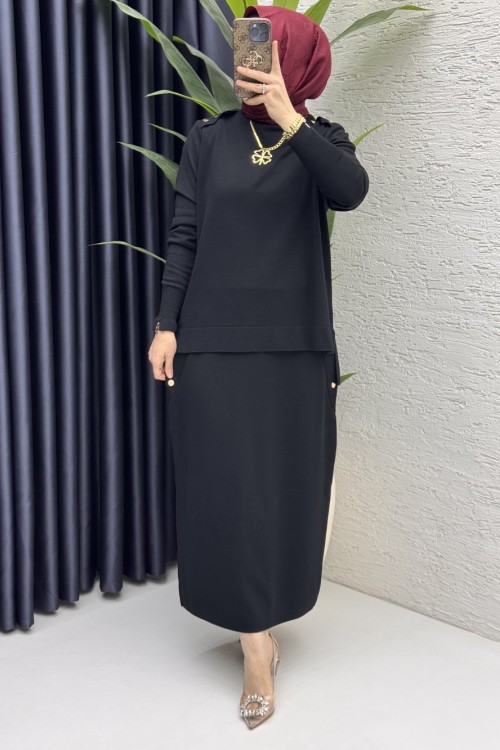 Dilan Etekli Takım Tesettür Giyim  Siyah