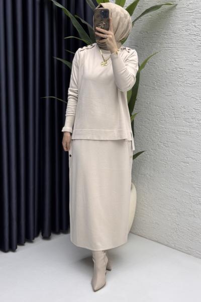 Dilan Etekli Takım Tesettür Giyim Taş Rengi