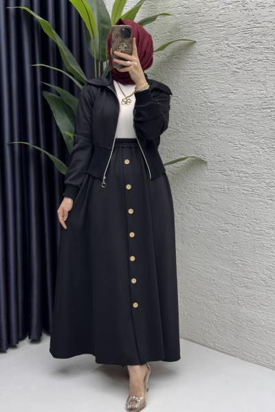 Dilruba Etekli Takım Tesettür Giyim  Siyah