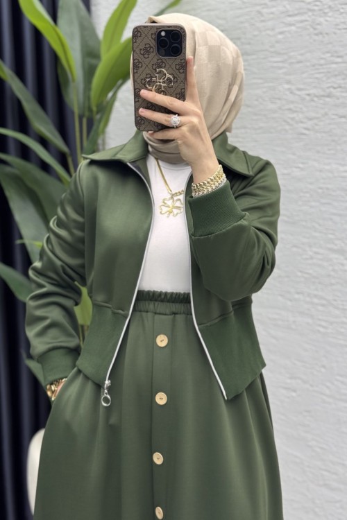 Dilruba Etekli Takım Tesettür Giyim  Haki