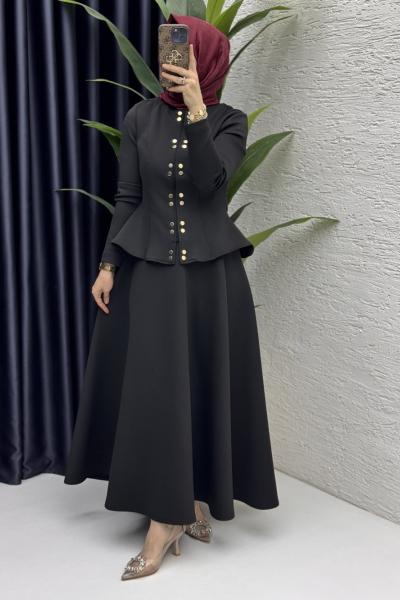 Eflal Etekli Takım Tesettür Giyim Siyah