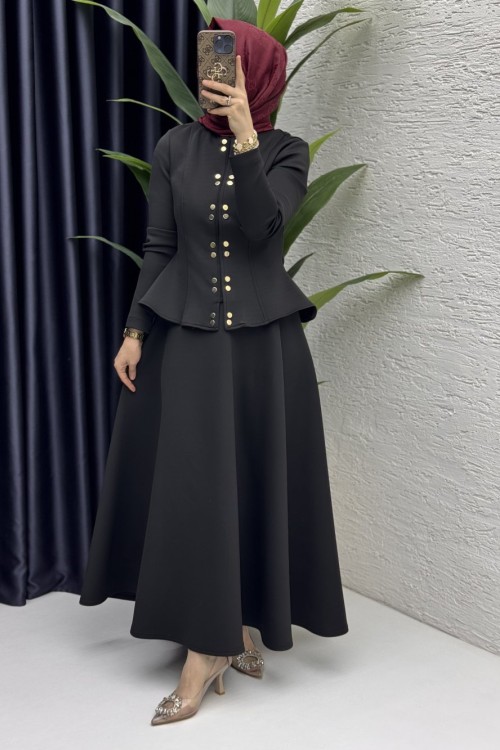 Eflal Etekli Takım Tesettür Giyim  Siyah