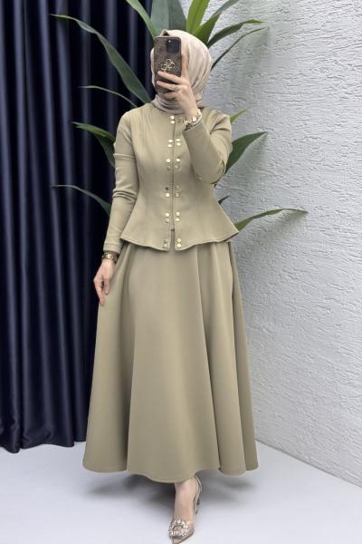 Eflal Etekli Takım Tesettür Giyim Yeşil