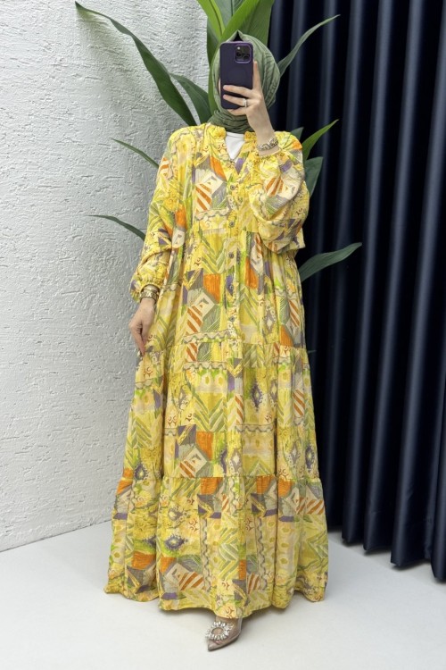 Etnik Elbise Tesettür Giyim Yağ Yeşili