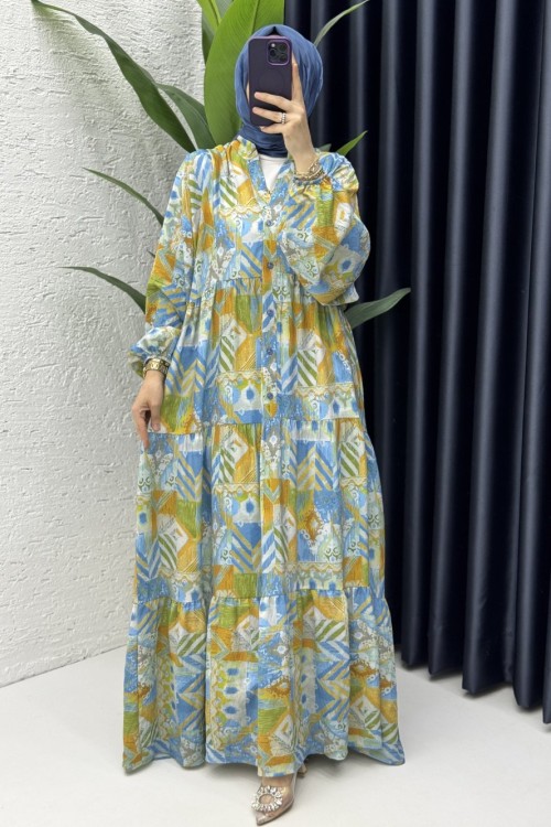 Etnik Elbise Tesettür Giyim Mavi