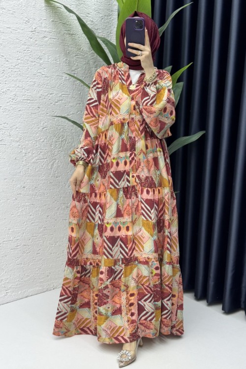 Etnik Elbise Tesettür Giyim Bordo