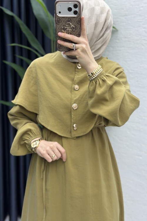 Feriha Bolero Elbise Tesettür Giyim  Yağ Yeşili