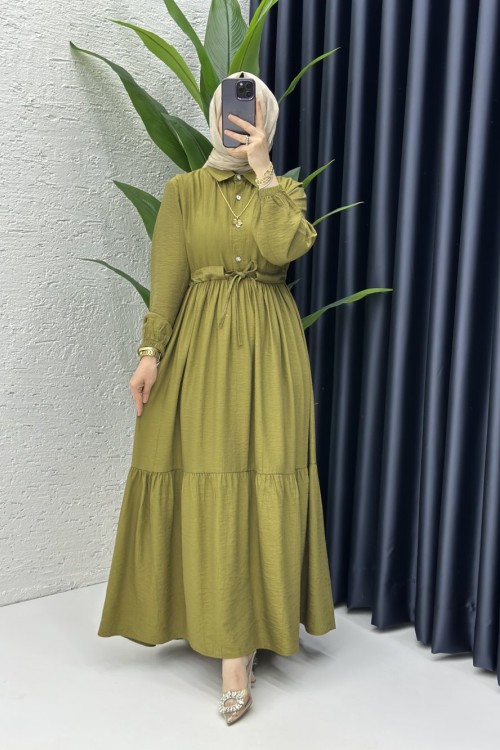 Hümeyra Tesettür Elbise Yağ Yeşili