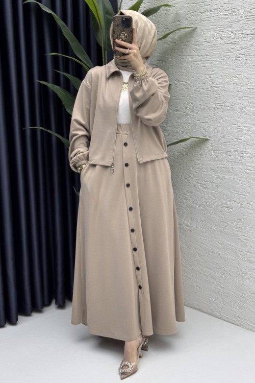 İlve Etekli Takım Tesettür Giyim Taş Rengi