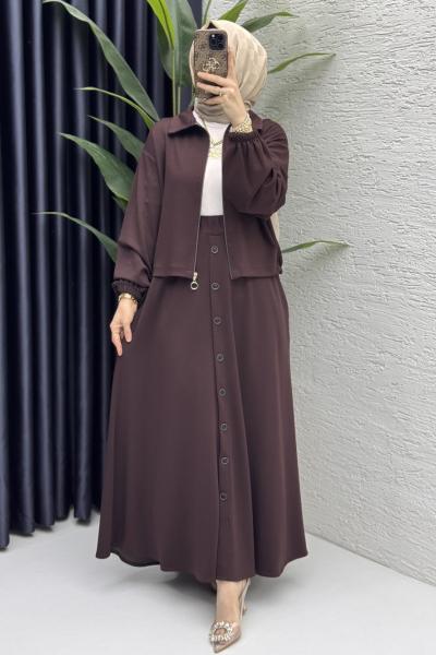 İlve Etekli Takım Tesettür Giyim kızıl kahve