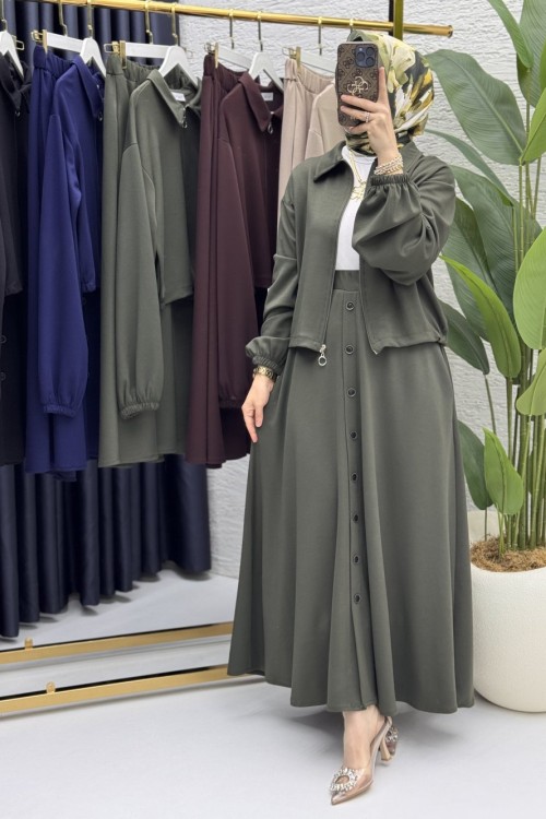 İlve Etekli Takım Tesettür Giyim Haki