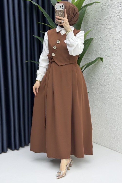 Lalezar Etekli Takım Tesettür Giyim  Kahve