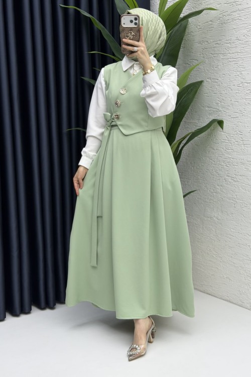 Lalezar Etekli Takım Tesettür Giyim  Çağla Yeşil