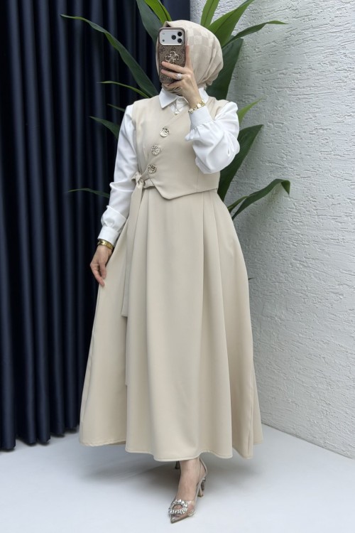 Lalezar Etekli Takım Tesettür Giyim  Taş Rengi