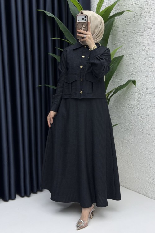 Laya Etekli Takım Tesettür Giyim  Siyah