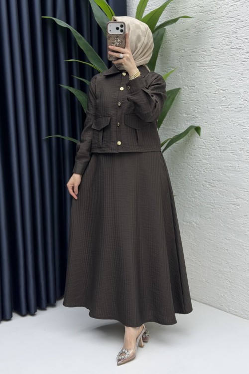 Laya Etekli Takım Tesettür Giyim  Acı Kahve