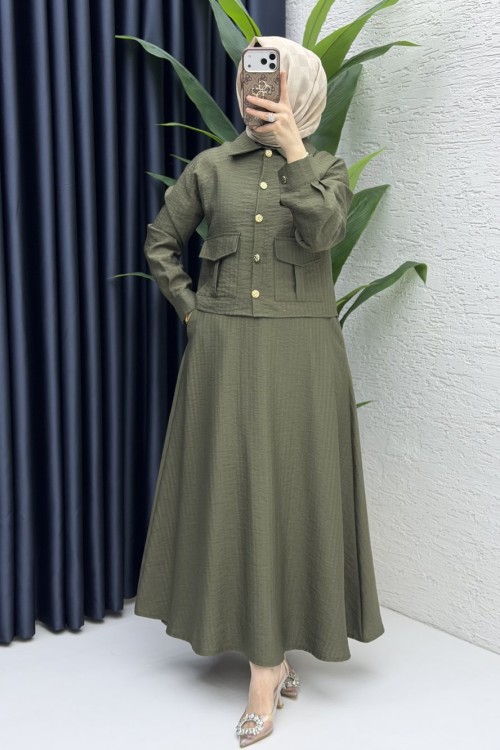 Laya Etekli Takım Tesettür Giyim  Haki