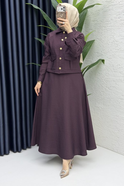 Laya Etekli Takım Tesettür Giyim  Mürdüm