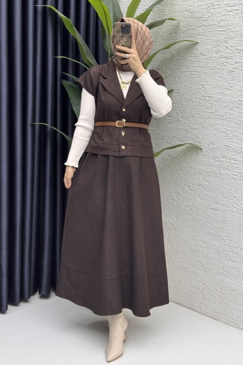 Limra Etekli Takım Tesettür Giyim  Kahverengi