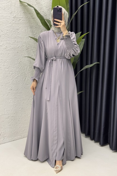 Mihra Abaya Takım Tesettür Giyim Gri