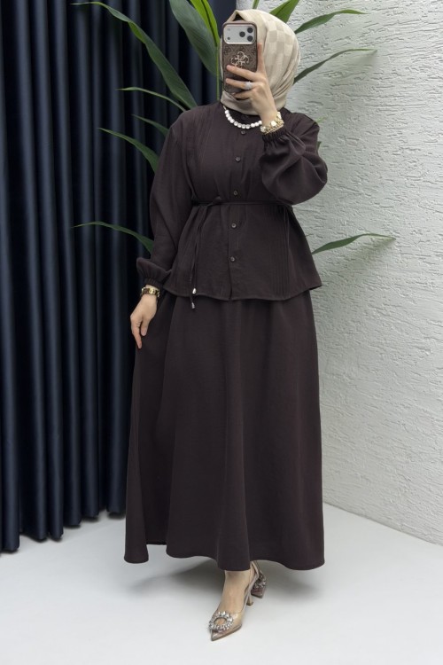Nagehan Etekli Takım Tesettür Giyim  Kahve
