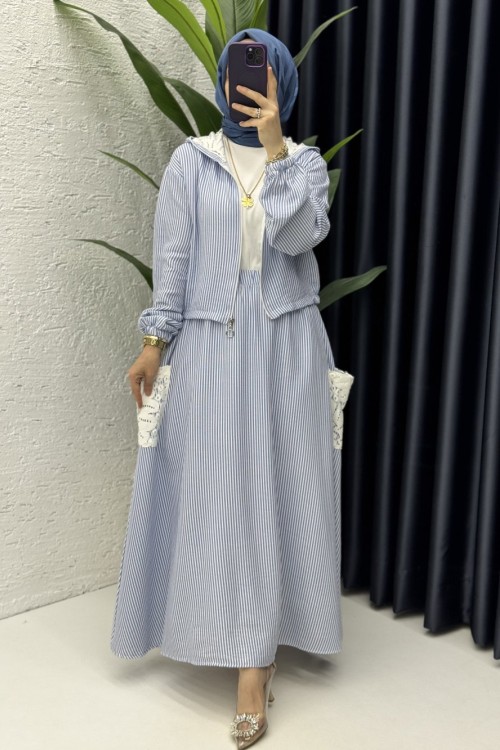 Nisa Etekli Takım Tesettür Giyim Mavi