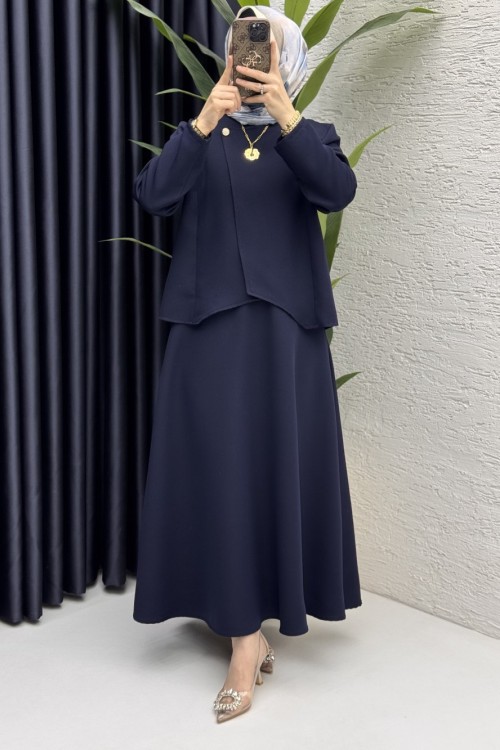 Pera Etekli Takım Tesettür Giyim  Lacivert