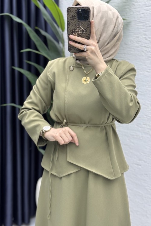 Pera Etekli Takım Tesettür Giyim  Açık Haki