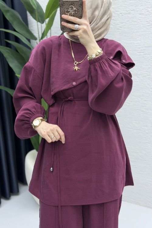 Rezzan Pantalonlu Takım Tesettür Giyim  Vişne