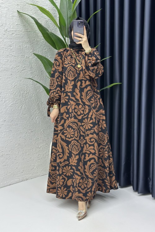 Selin Tesettür Elbise Kahverengi