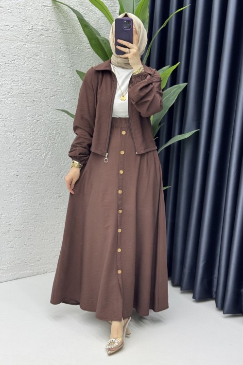 Seren Etekli Takım Tesettür Giyim Kahverengi