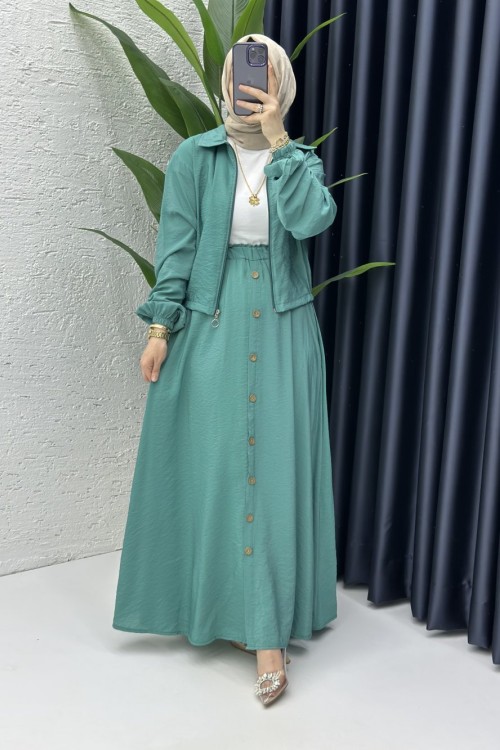 Seren Tesettür Etekli Takım Yeşil