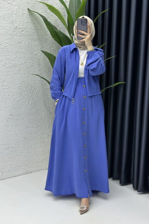 Seren Tesettür Etekli Takım Mavi