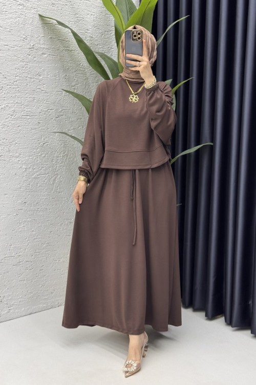 Sezin Etekli Takım Tesettür Giyim Kahverengi