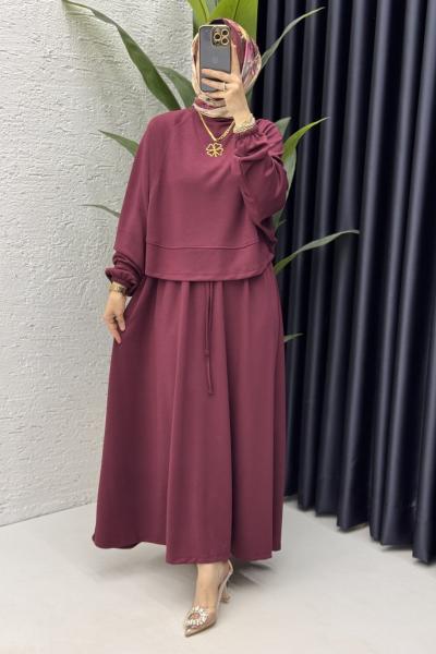 Sezin Etekli Takım Tesettür Giyim Bordo